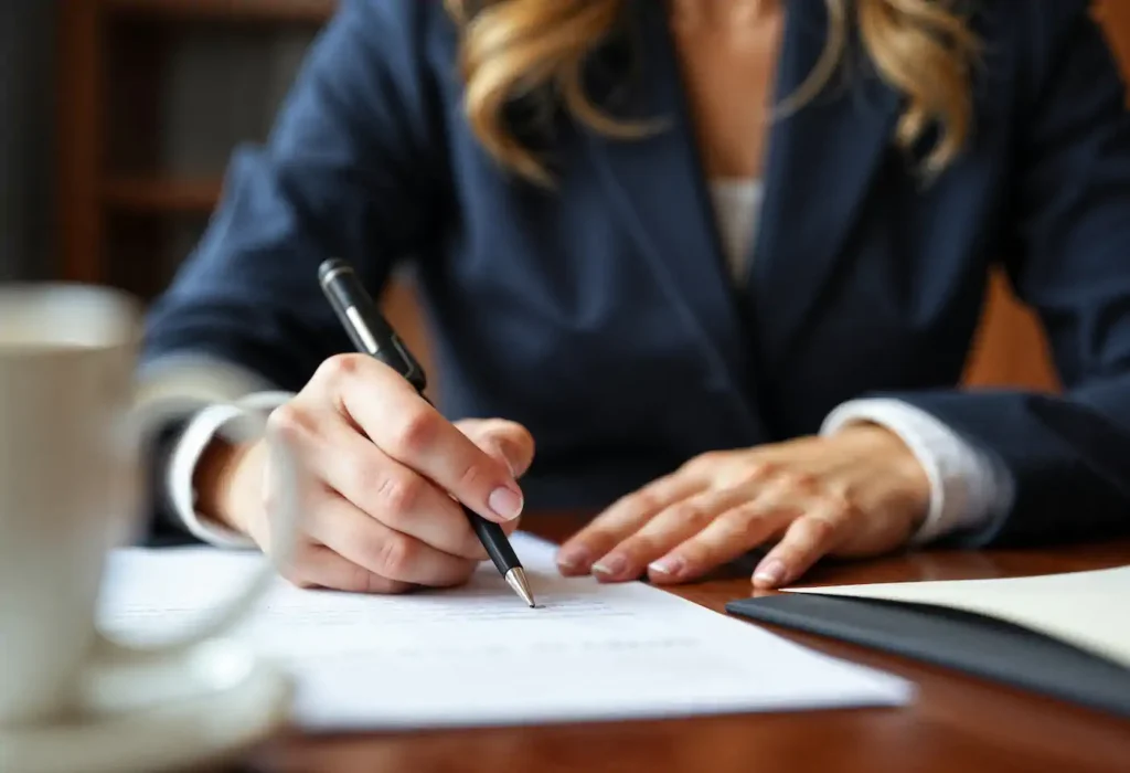 Mujer firmando documento en escritorio de oficina