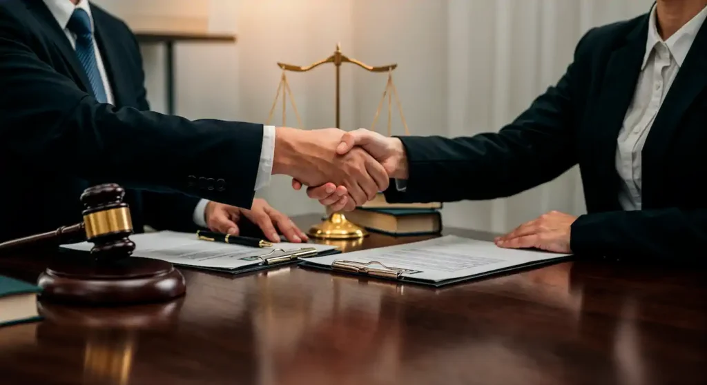 Abogados estrechan manos sobre documentos legales