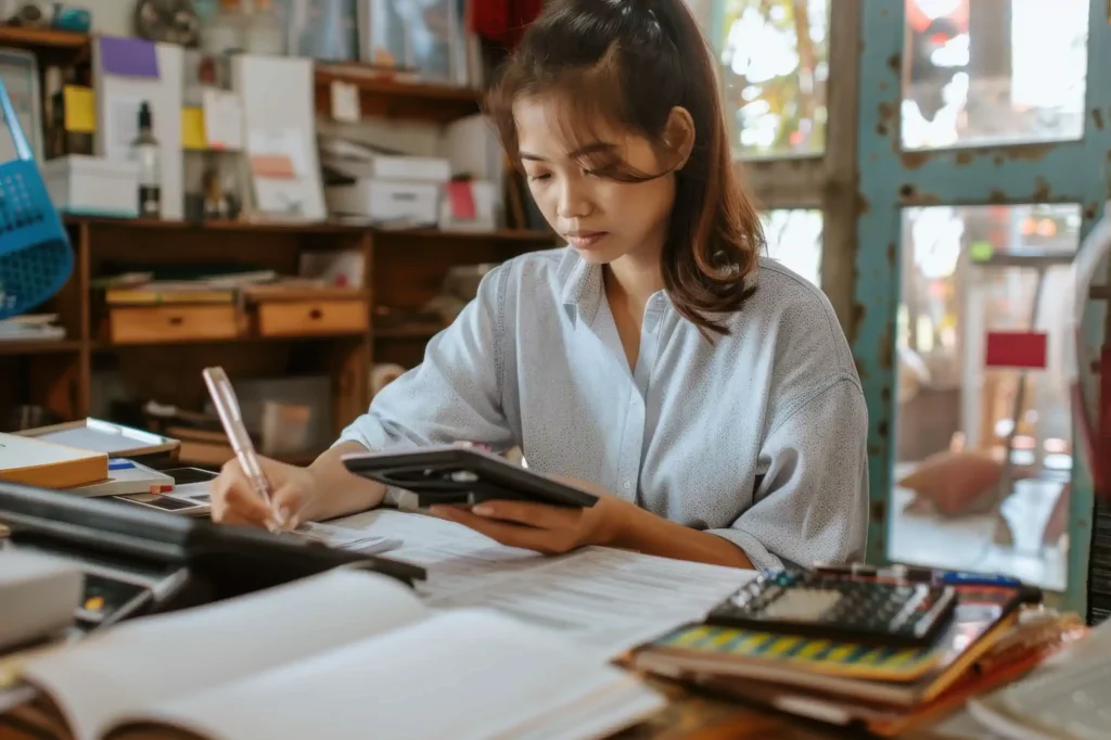 Mujer calculando gastos en escritorio con calculadora