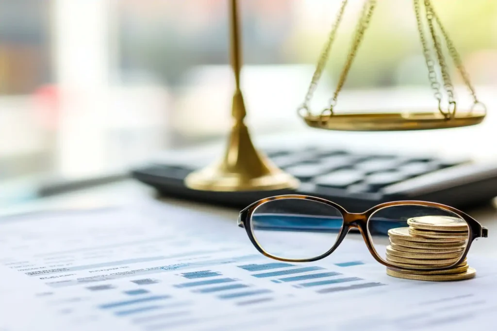 Balanza, monedas y lentes sobre documentos financieros