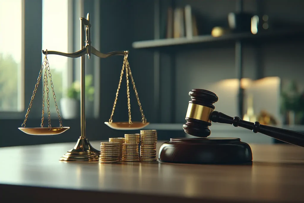 Balanza, mazo judicial y monedas sobre escritorio