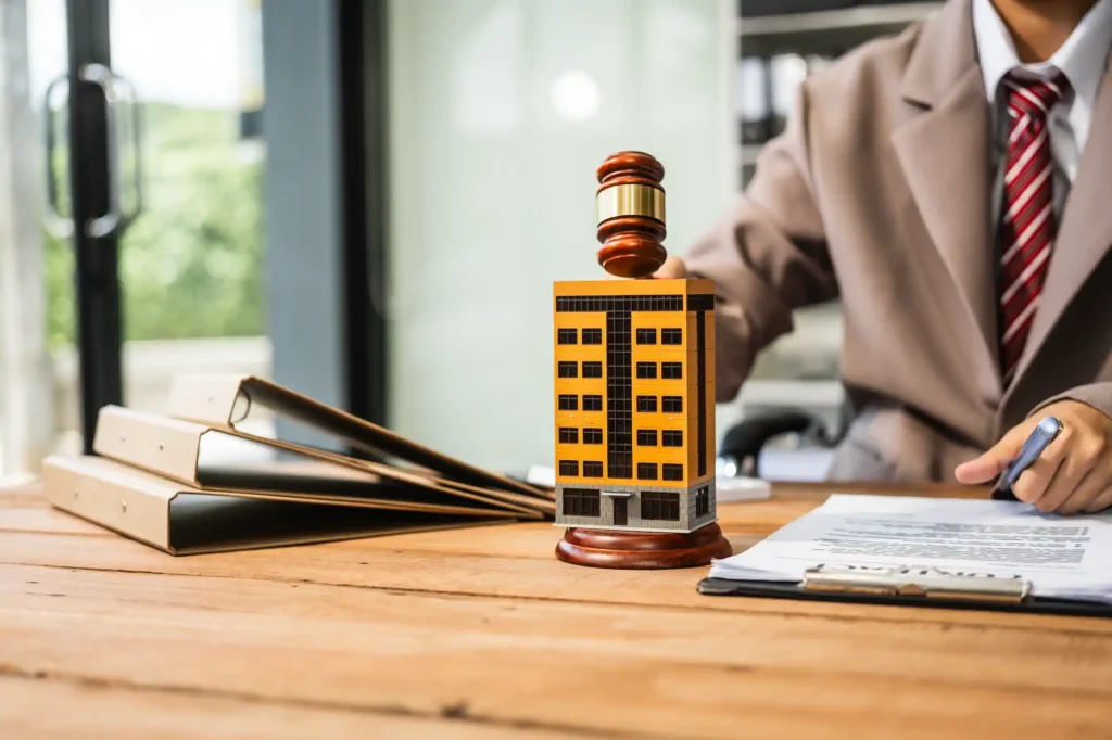Mazo judicial junto a maqueta de edificio y abogado