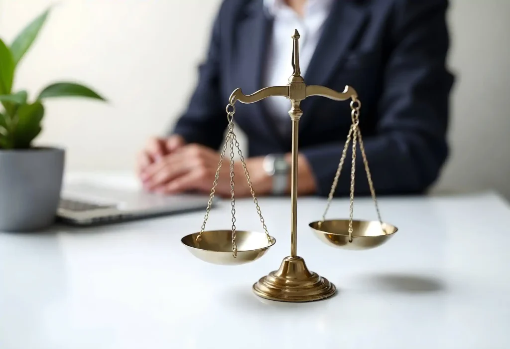 Balanza dorada frente a profesional en oficina